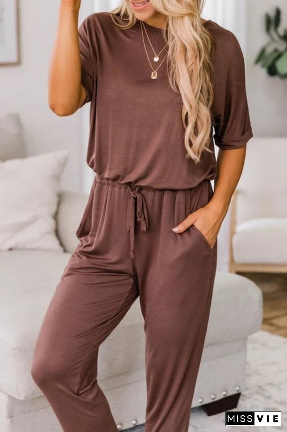 Short Sleeve Round Neck Casual Jumpsuit P14775