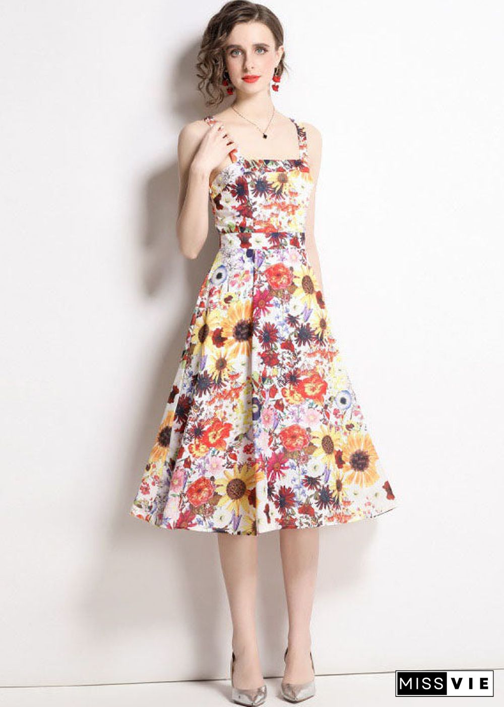 Art Floral Print Patchwork Chiffon Spaghetti Strap Dress Summer