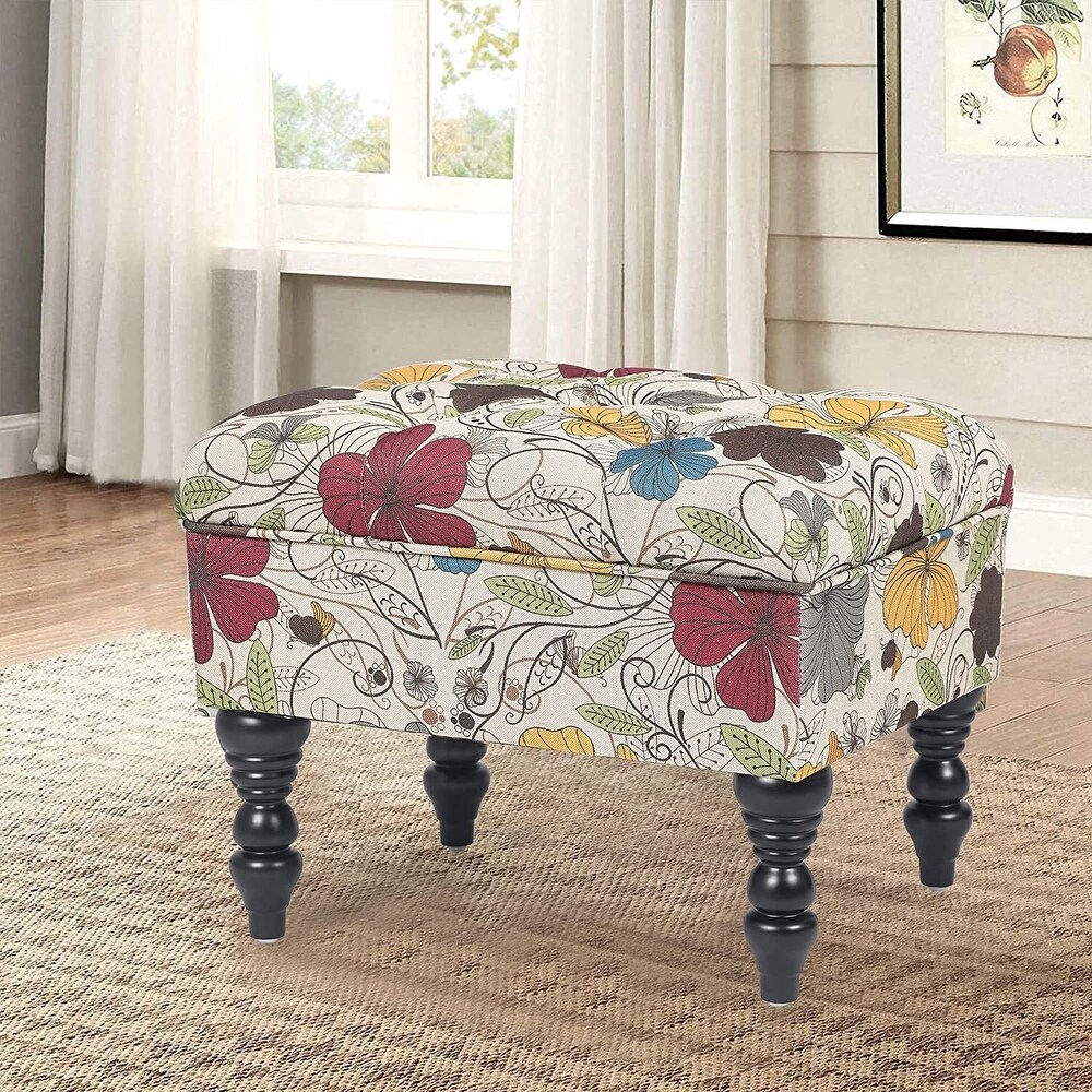 Adeco Ottoman Stool Tufted Foot Rest Fabric Floral Vanity Stool