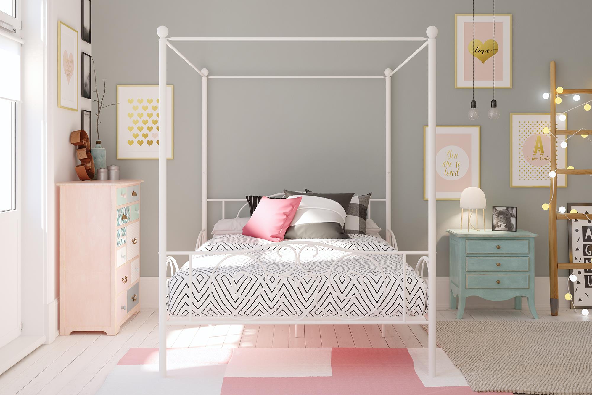 Elm & Oak Metal Canopy Kids Poster Bed, Full, White