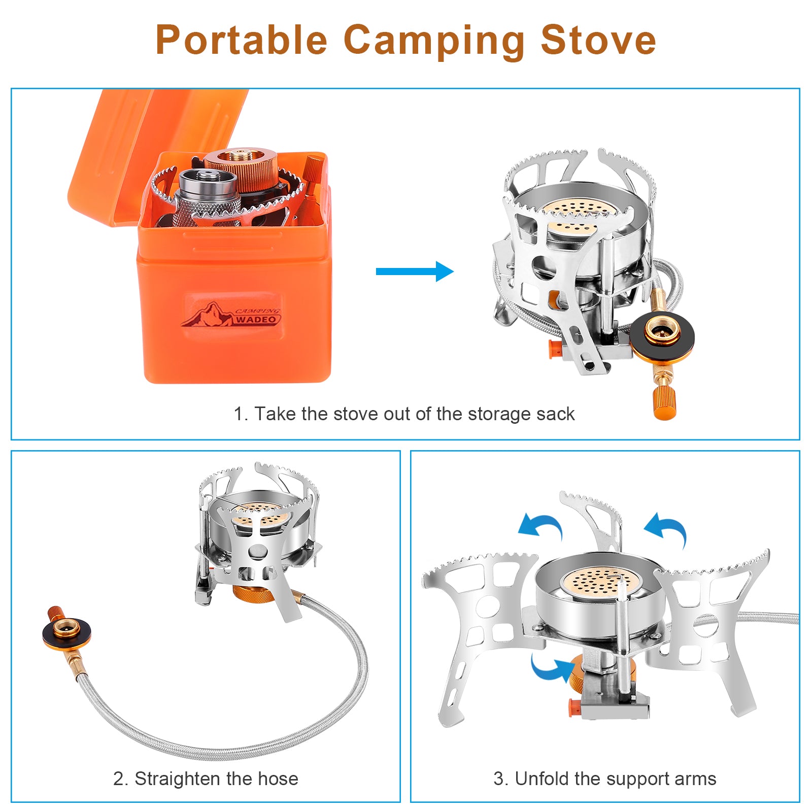 WADEO Portable Backpacking Stove, 3900W Windproof Camping Gas Stove with Piezo Ignition, 1LB Propane Tank Adapter, Butane Adapter for Outdoor Camping, Hiking and Picnic