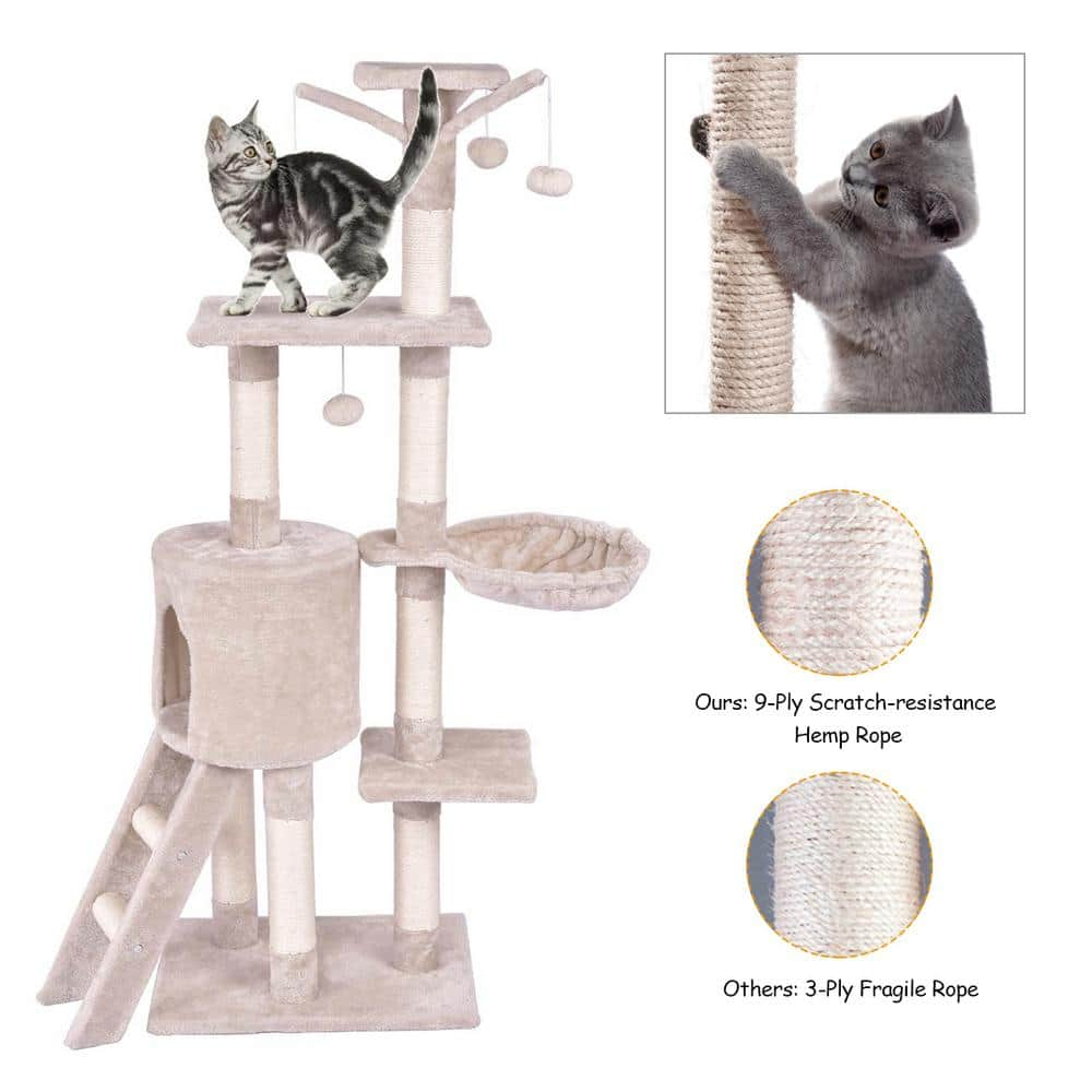 WELLFOR Beige Cat Trees and Scratch Posts Furniture Cover Kitten Climbing Tower Cat Condo with Sisal-Covered Posts and Ladder PS-HWY-7389BE