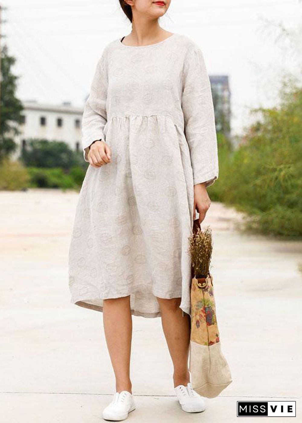 Bohemian linen outfit boutique Long Sleeve Jacquard Beige Pleat Dress