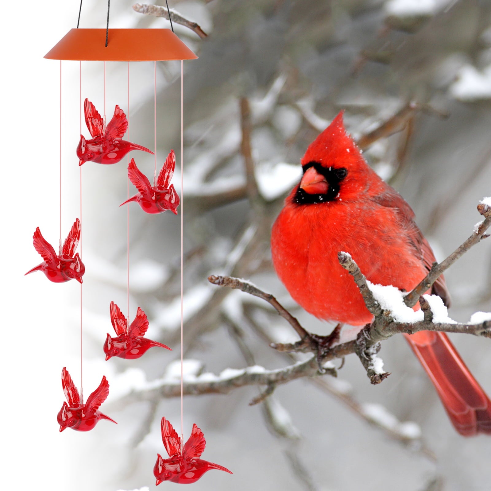 TSV Solar Powered Wind Chimes Light， Cardinal Red Bird Wind Belles Lights Outdoor LED IP66 Waterproof for Yarden Garden Decoration