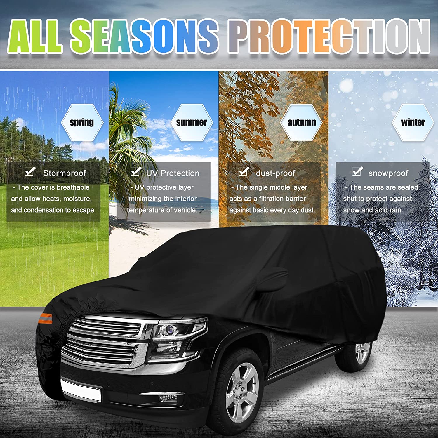 Unique Bargains SUV Cover for Chevrolet Tahoe 4 Door 2021 Waterproof Protection 190T PU Black 213