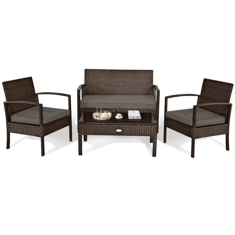 4 Pcs Wicker Patio Conversation Furniture Set Outdoor Rattan Sofa Set with Coffee Table & Washable Cushions