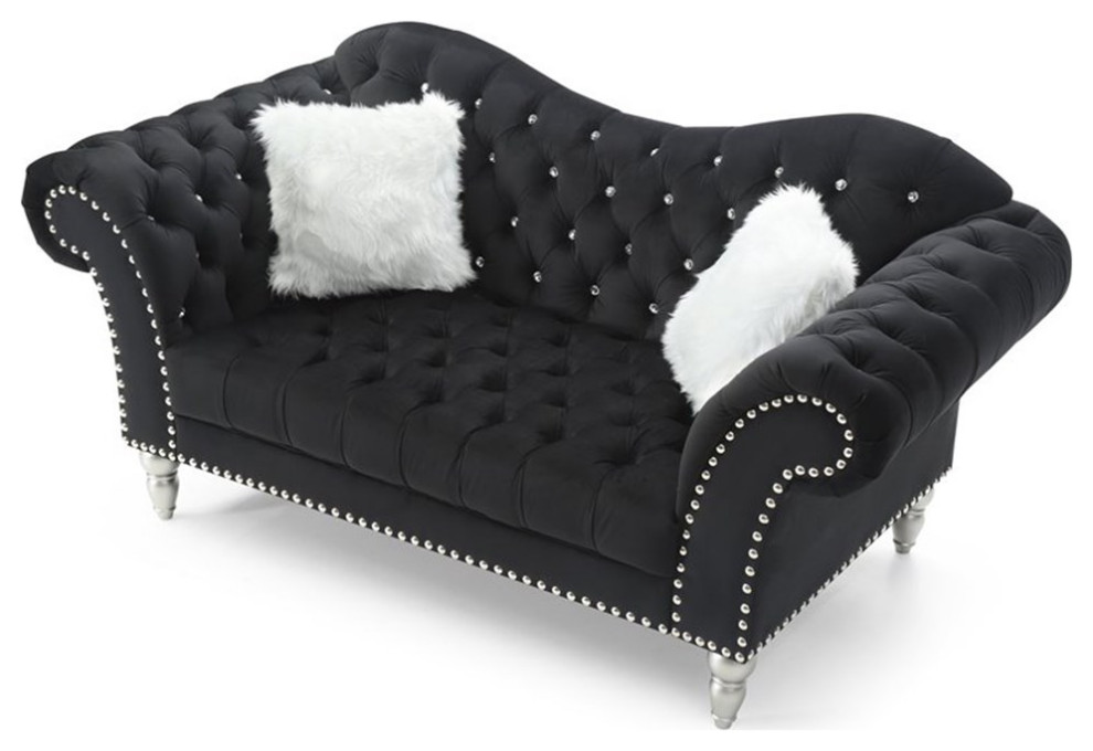 Maklaine Traditional Upholstery Velvet Loveseat in Black Finish   Traditional   Loveseats   by Homesquare  Houzz