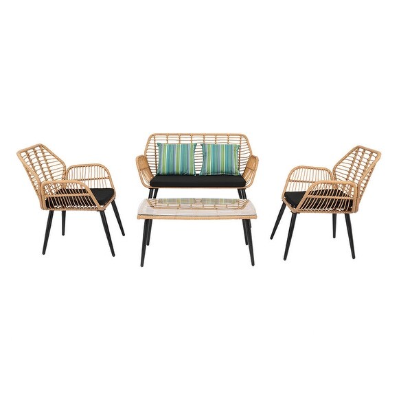 Wicker Rattan Patio Conversation Set with Tempered Glass Table