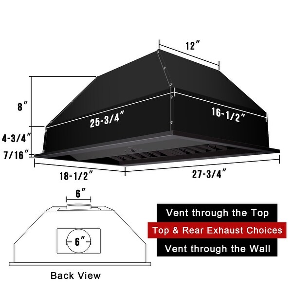 30-36in.Insert Range Hood， Ultra Quiet， Powerful Suction Matte Black Ducted Kitchen Vent Hood with LED Lights， 3-Speeds 600CFM