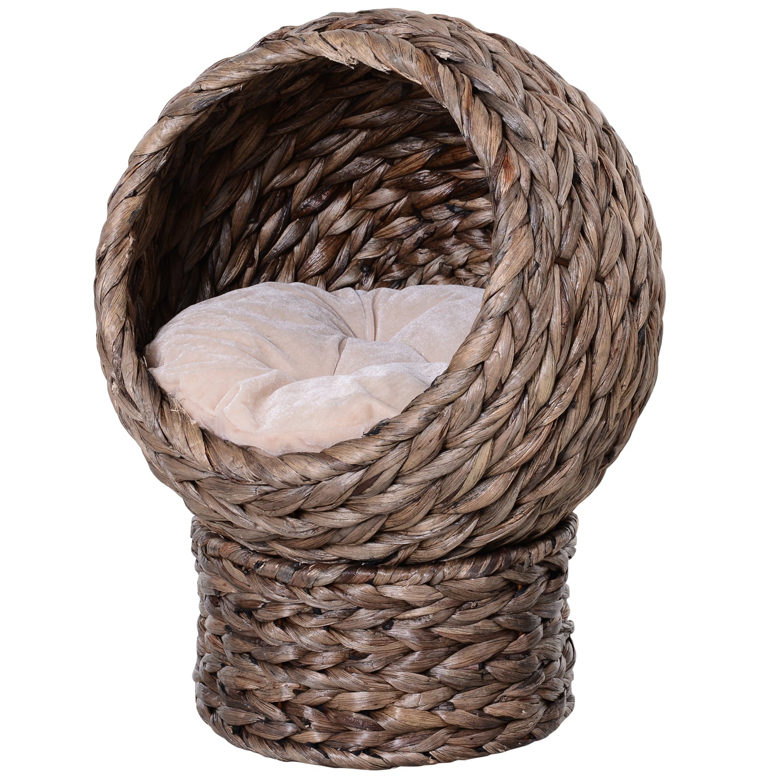 PawHut Handwoven Elevated Cat Bed with Soft Cushion & Cat Egg Chair Shape, Cat Basket Bed Kitty House with Stand, Raised Wicker Cat Bed for Indoor Cats, 20" Dia. x 23.5" H, Dark Brown