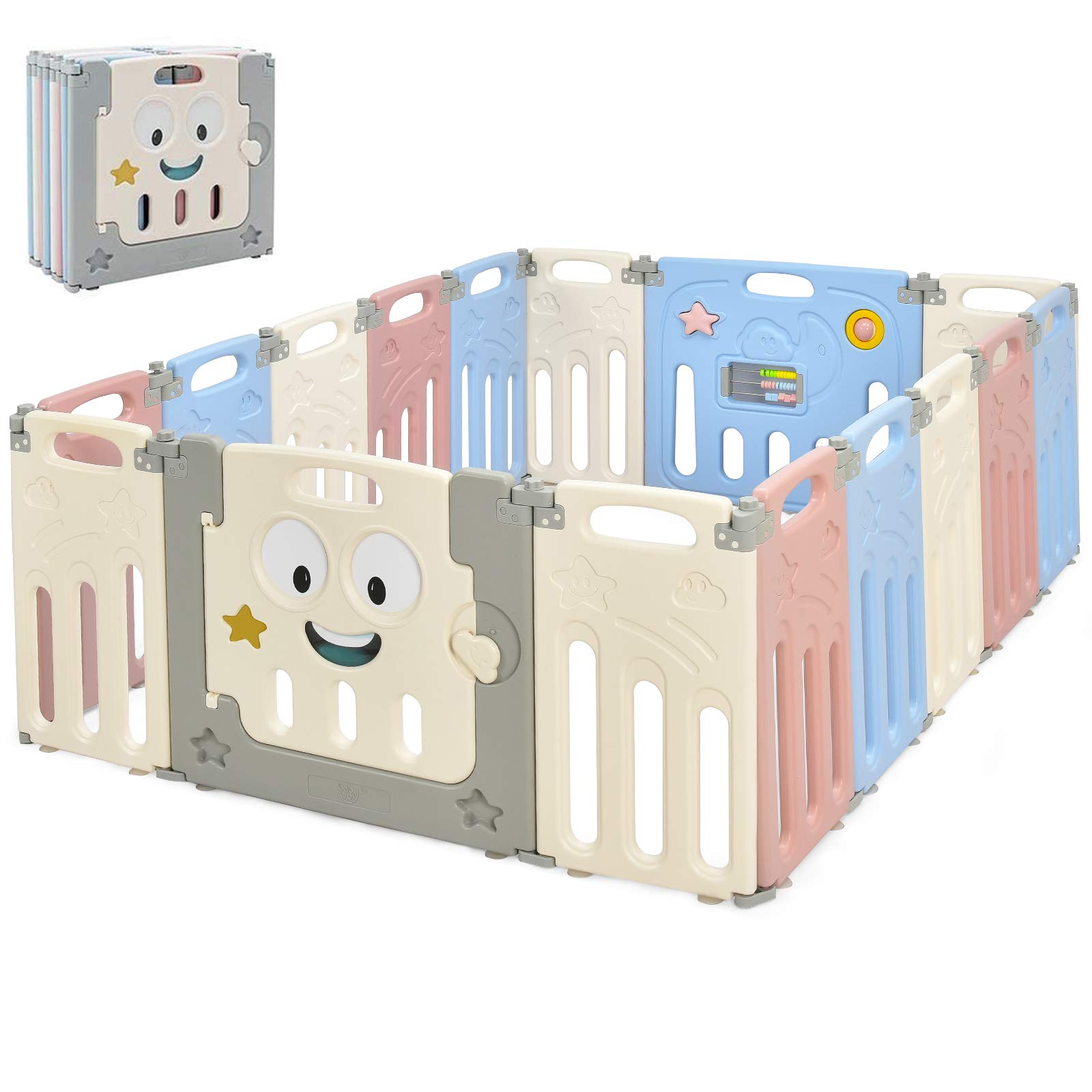 Costzon Foldable Baby Playpen, 14/16-Panel Baby Play Yards with Lock Door & Anti-Slip Rubber Bases