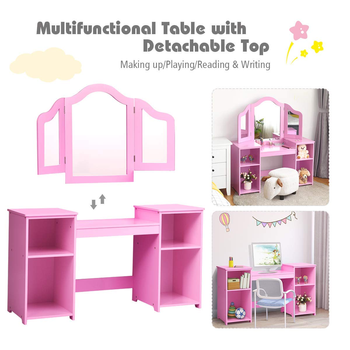 Costzon Kids Vanity, Princess Makeup Dressing Table with Tri-Folding Mirror & Storage Shelves, Pink