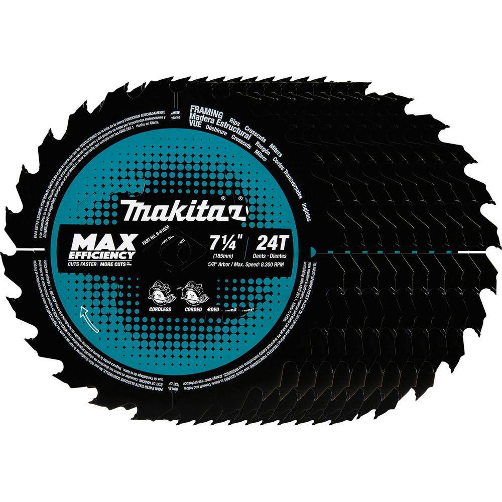 Makita 7-14 in. 24T Carbide-Tipped Max Efficiency Ultra-Thin Kerf Circular Saw Blade Framing (10-Pack) B-61656-10