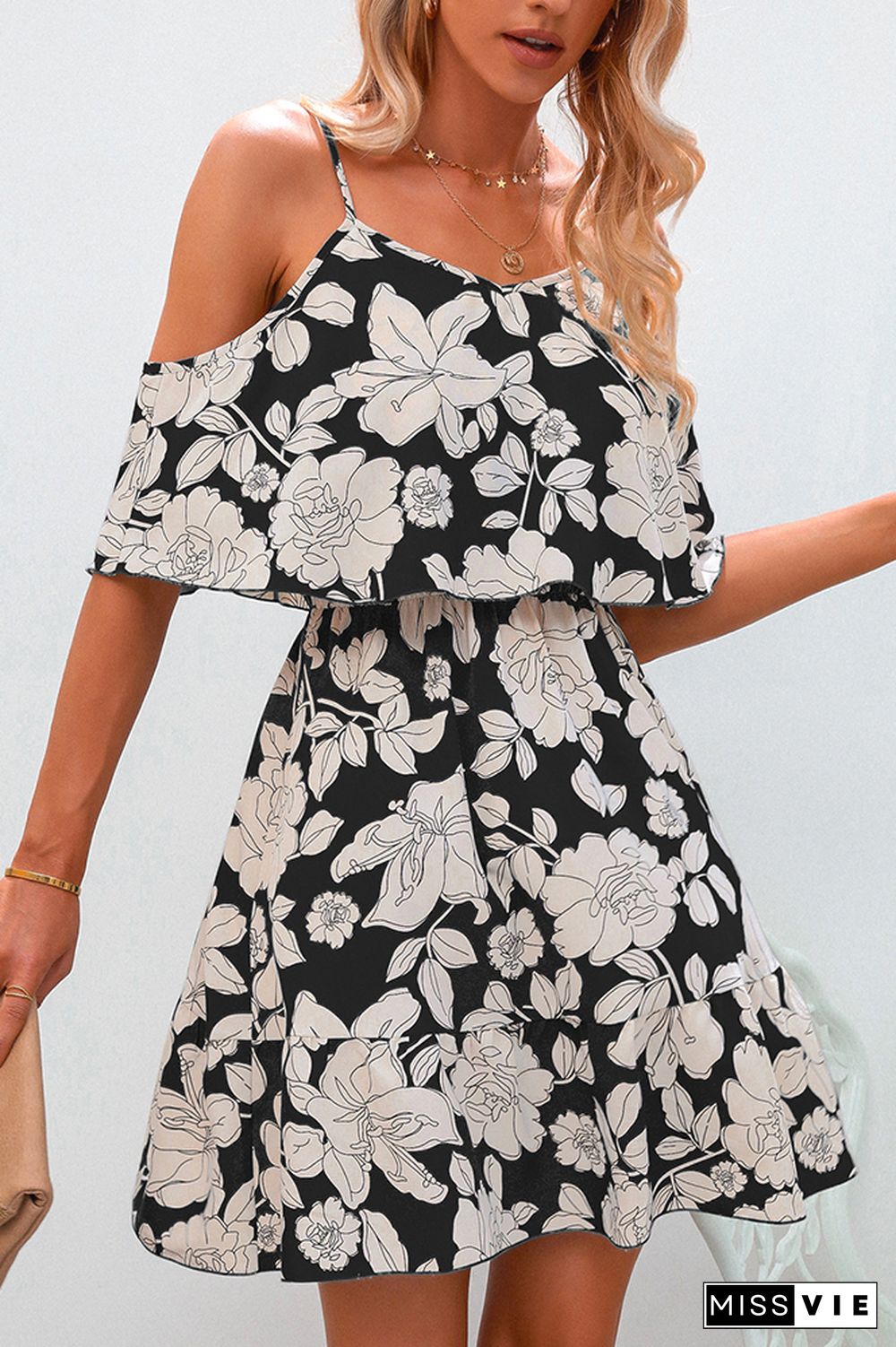 Floral Print Slip Ruffles Chiffon Dress Wholesale