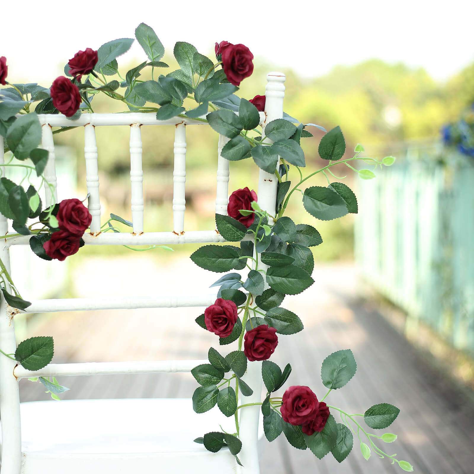 20 Burgundy Artificial Silk Roses Flower Garland, Hanging Vine 6ft