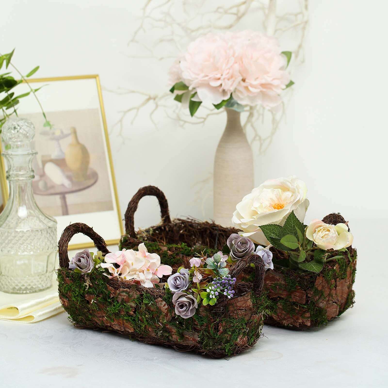 Set of 2 Rustic Log Shaped Preserved Moss Planter Boxes, Flower Baskets With Handle 13