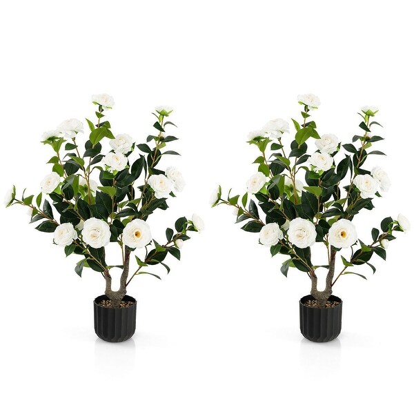 Gymax 2Pack 38'' Artificial Camellia Tree Faux Floral Plant for