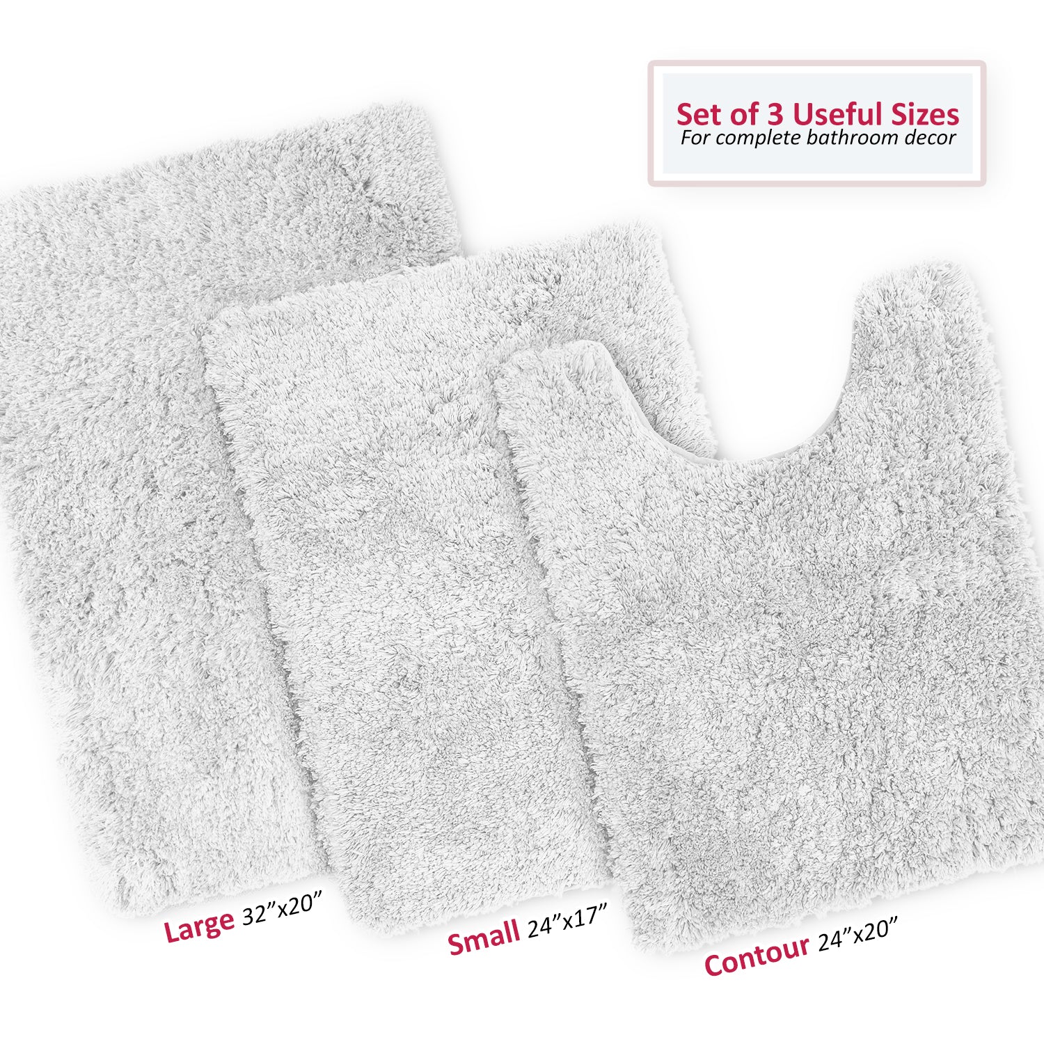 Clara Clark Set of 3 Shaggy Bath Rug with Non-Slip Backing Rubber - Machine Washable Super Soft Bathmat - Plush Absorbent Bathroom Rug， Small Large and Contour， White