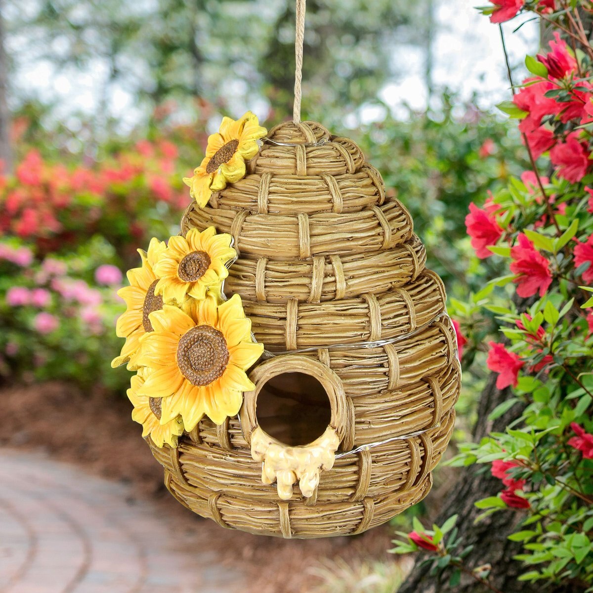 Exhart Solar Sunflower Hand Painted Bee Hive Hanging Bird House