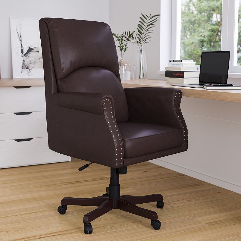 Merrick Lane Tiber Ergonomic Executive Office Chair with High Pillowed Back and Rolled Arms In Brown Faux Leather with Mahogany Finish Base