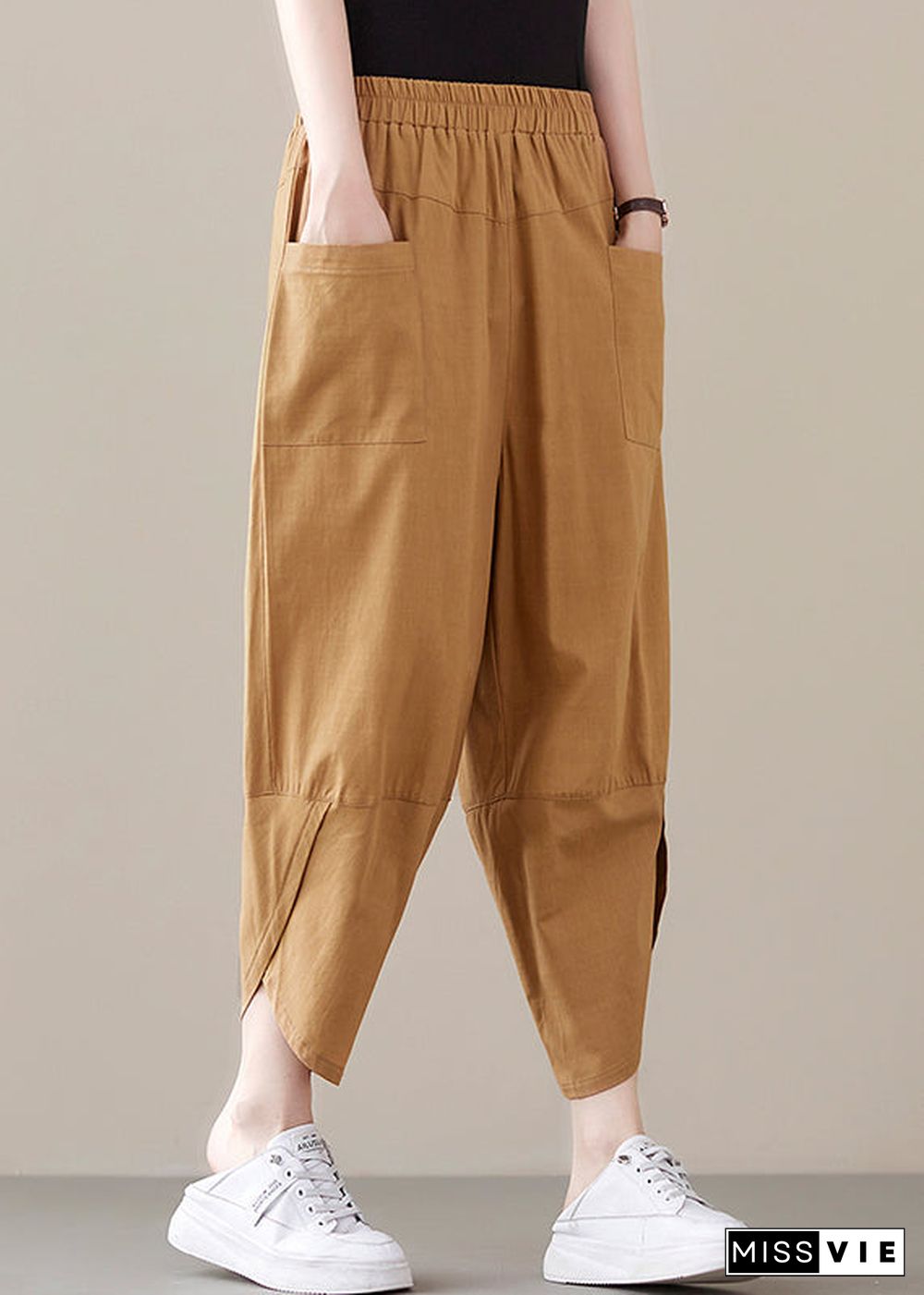 Bohemian Khaki pocket Patchwork Cotton Pants Spring