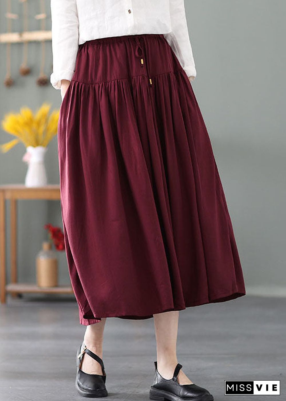 Simple Mulberry tie waist wrinkled Cotton Skirts Spring