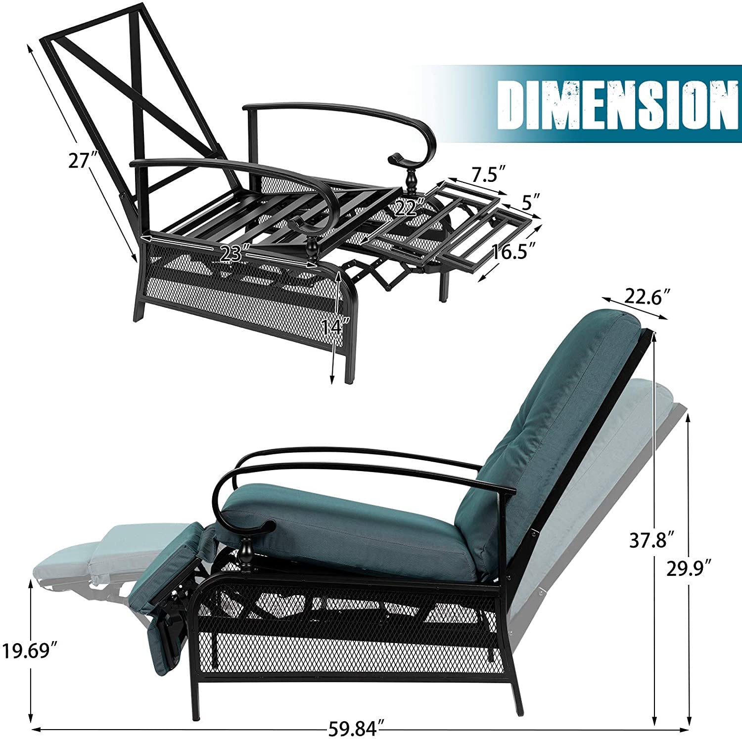 SUNCROWN Patio Recliner Outdoor Adjustable Lounge Chair Outdoor Metal Extendable Furniture Chair with Thick Cushion (Peacock Blue)