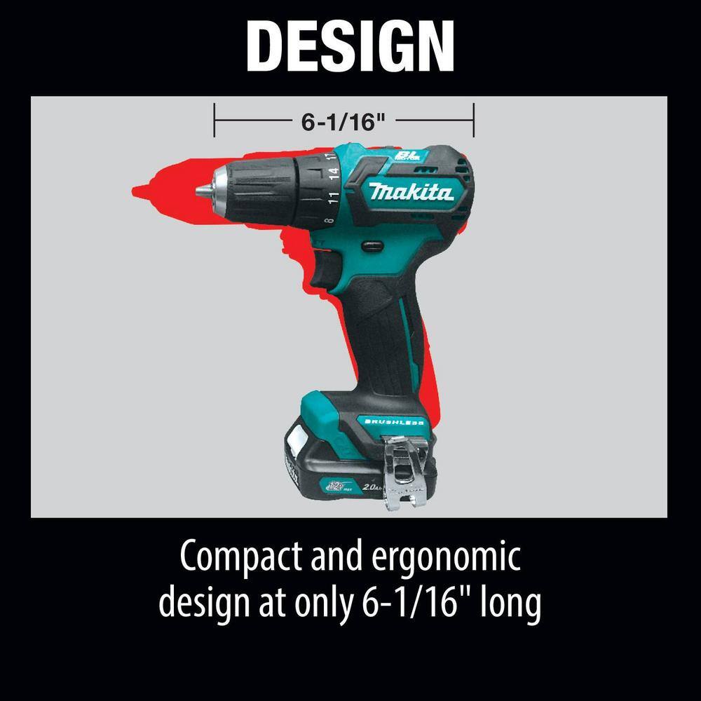 Makita 12V max CXT Lithium-Ion 38 in. Brushless Cordless Driver Drill Kit with (2) Batteries (2.0 Ah) Charger Hard Case FD07R1