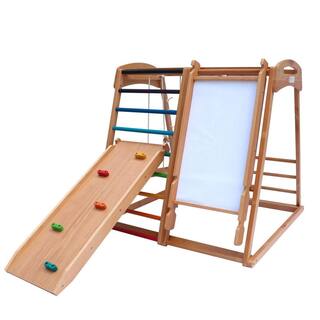 TIRAMISUBEST Solid Wood 7-in-1 Indoor Climber with Slide and Swing for Kids from 18 months to 10 years old W679XYS00027