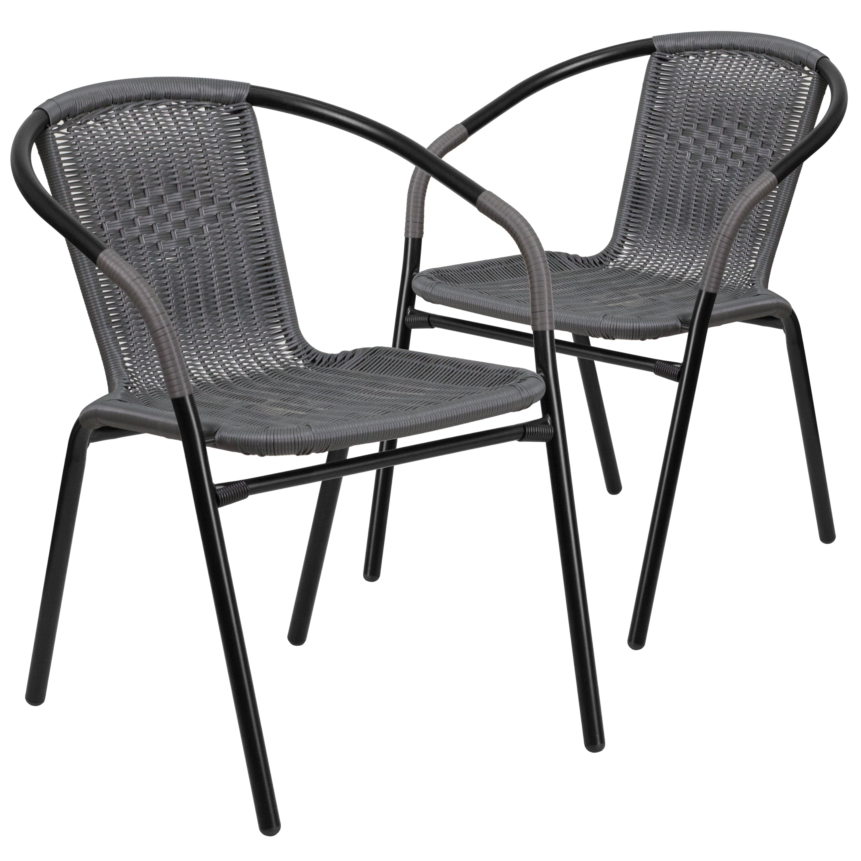 Emma + Oliver 2 Pack Gray Rattan Indoor-Outdoor Restaurant Stack Chair with Curved Back