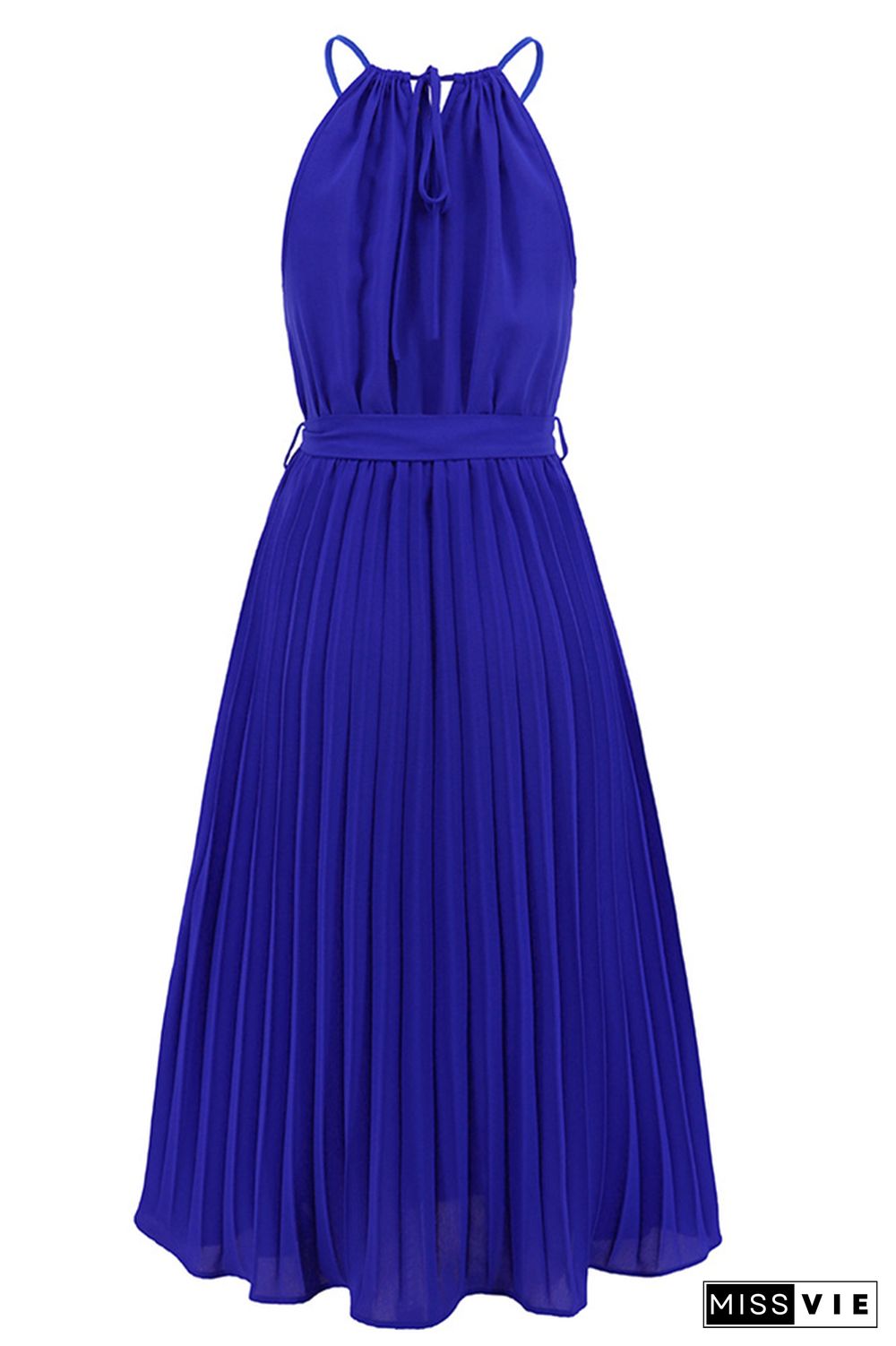 Plain Halter Sleeveless Pleated Midi Dress