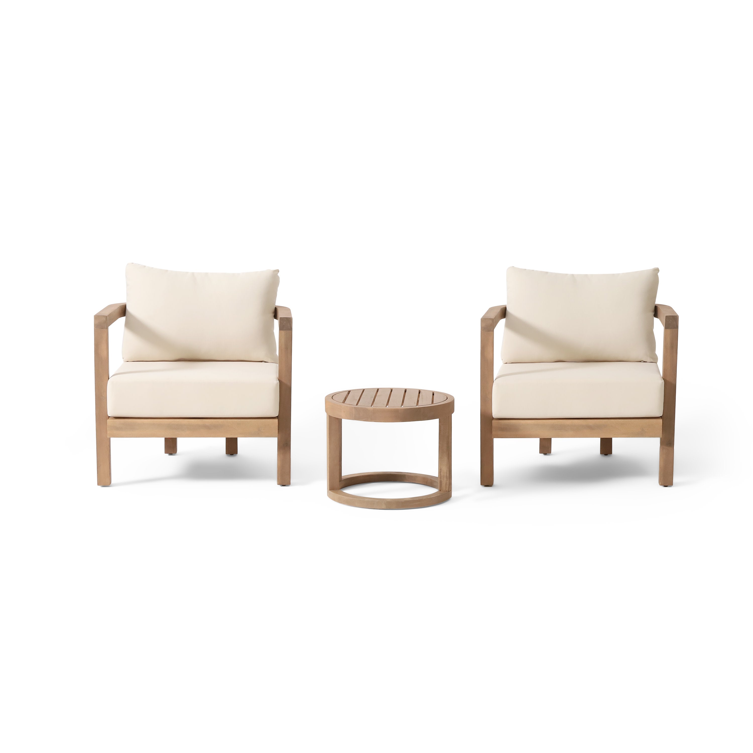 Aston Outdoor Acacia Wood 3 Piece Chat Set with Cushions, Beige and Brown Wash