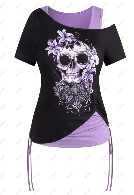 Plus Size & Curve Skull Print T-shirt and Tank Top Set And Lace Up Eyelet Capri Leggings Summer Outfit