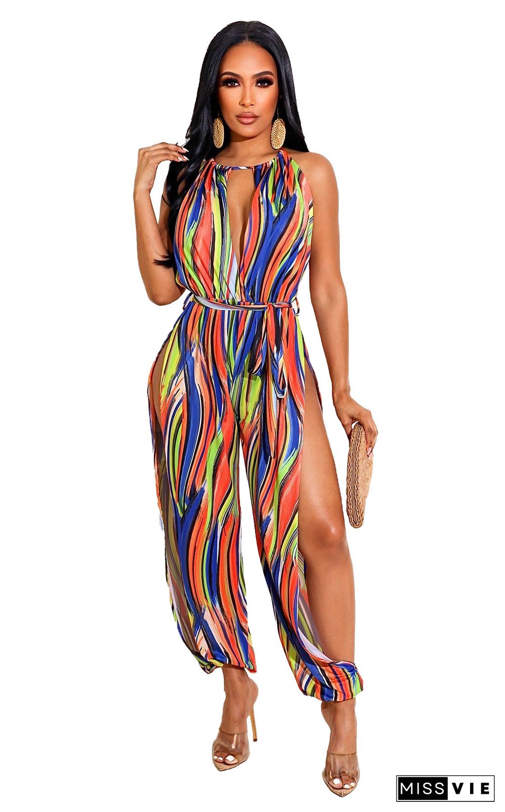 Tie Dye Print Sleeveless Lace Up Loose Jumpsuit