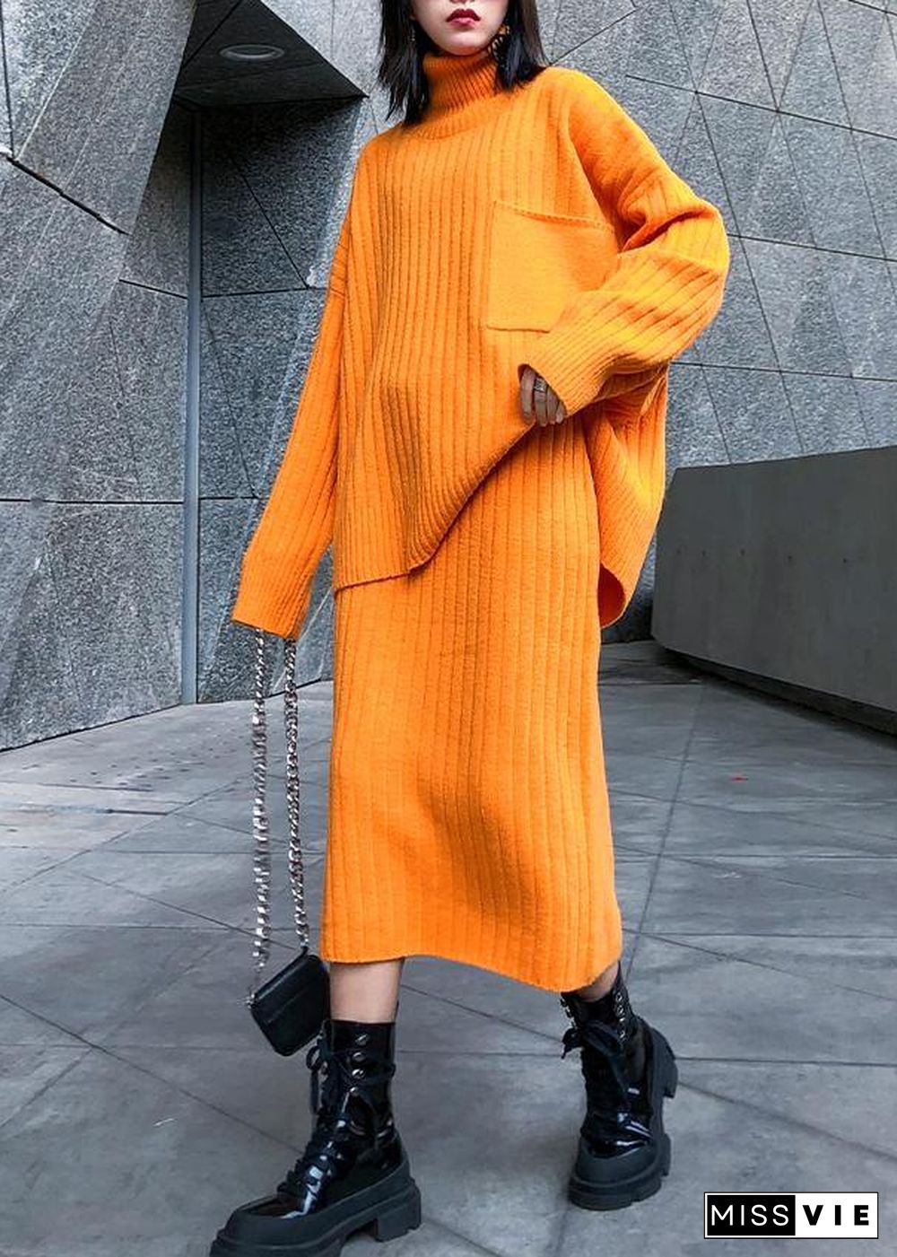 High neck sweater suit skirt two-piece long over-the-knee temperament autumn and winter knitted skirt