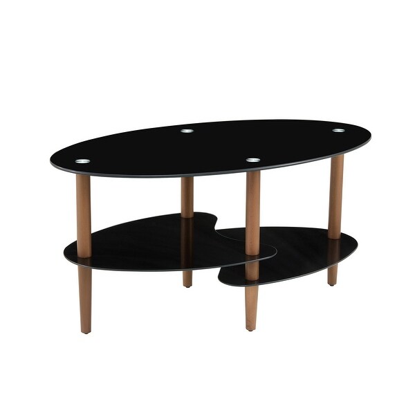 Black Oval Glass Coffee Table Wood Leg Tea Table 3 Layer Glass Table