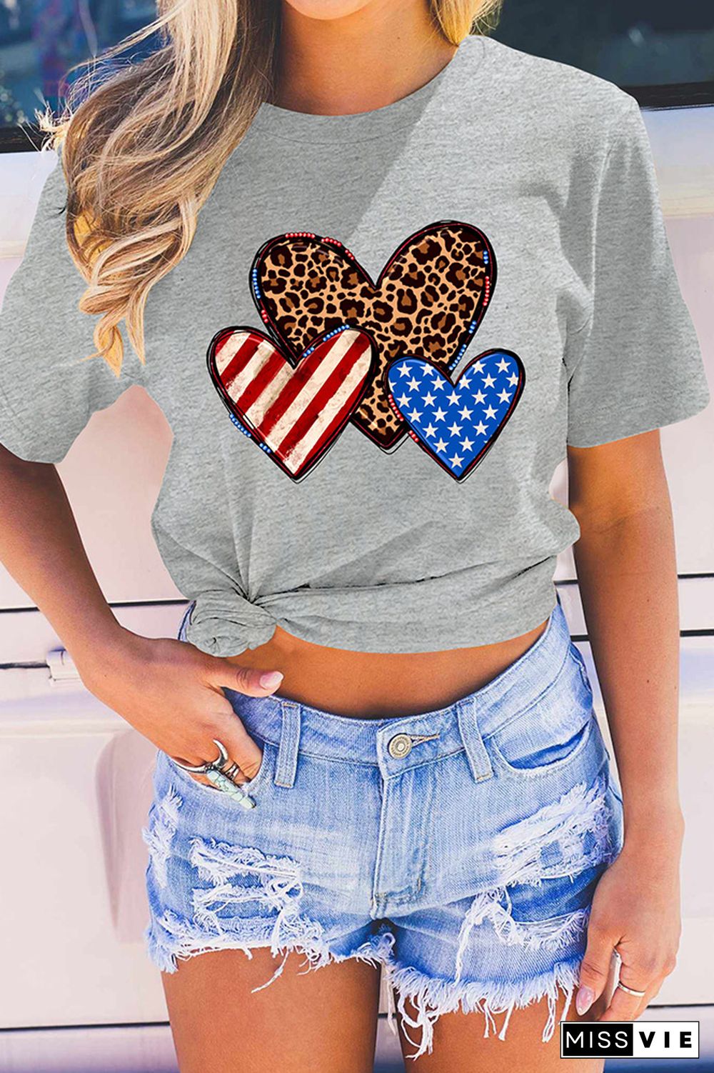 Indenpendence Day Leopard and US Flag Heart Graphic Tee