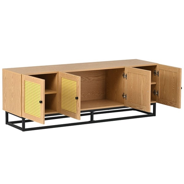 Wooden TV Stand for TVs up to 65inches with 4 Textured Rattan Doors and 2 Adjustable Panels