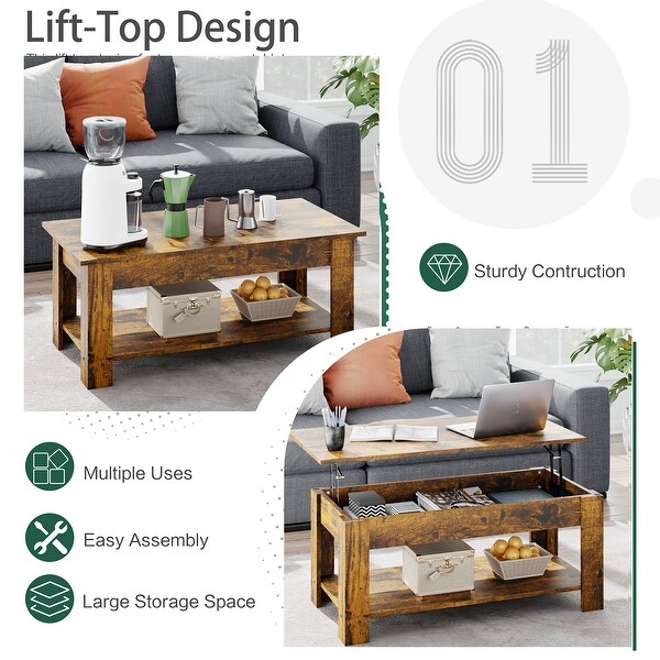 Futzca Lift Top Coffee Table with Storage Shelf and Hidden Compartment， 38.58in L， Rustic Brown