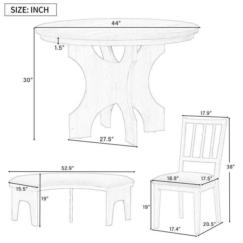 5 Piece Dining Table Set  Round Dining Table with Curved Bench   Side Chairs for Dining Room and Kitchen