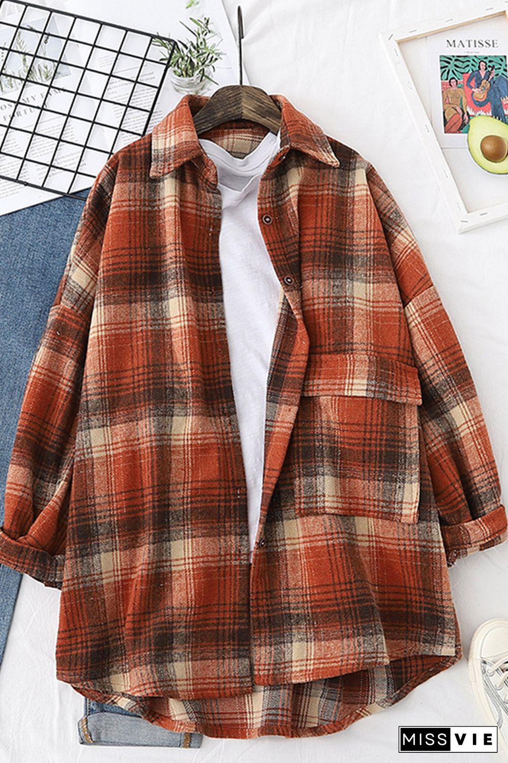 Plaid Button Down Pocketed Shacket Shirts Women Wholesale