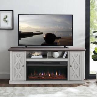 FESTIVO 68 in. Freestanding Electric Fireplace TV Stand in Saw Cut Off White with Dark Desktop FTS21200