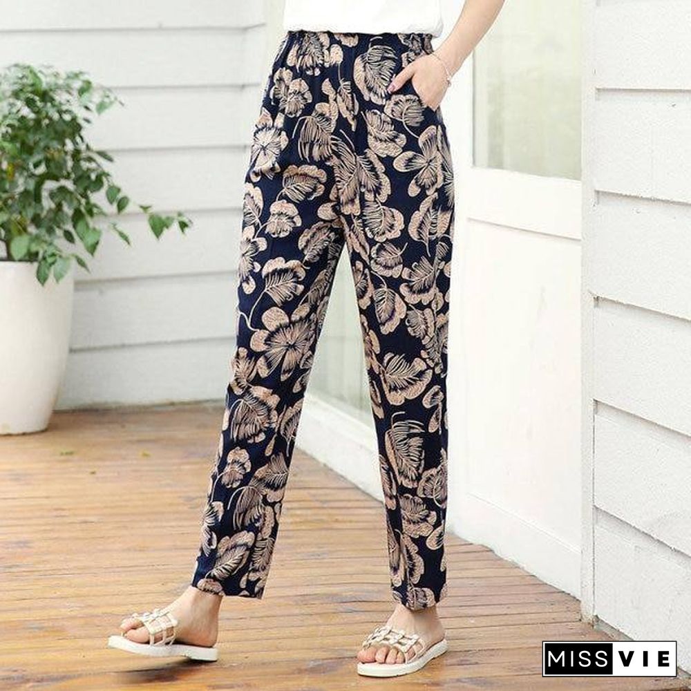 22 Colors Women Summer Casual Pencil Pants XL-5XL Plus Size High Waist Pants Printed Elastic Waist Middle Aged Women Pants