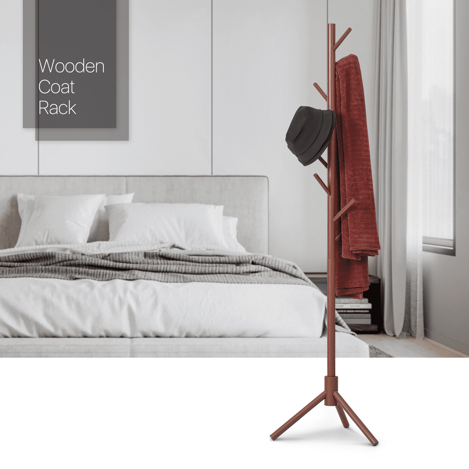 MoNiBloom Wood Adjustable Modern Coat Rack， with 8 Hooks， Clothes Handbag Storage Stand， Hall Tree， Coffee， for Entryway