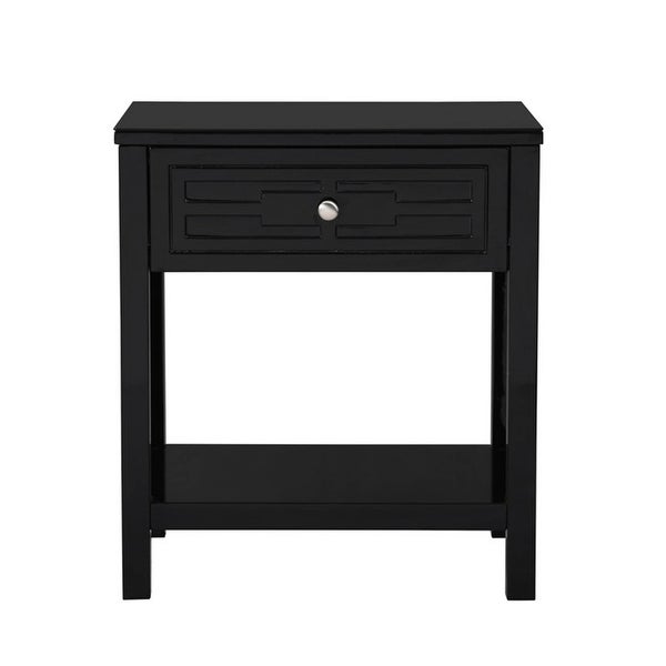 Wooden End Side Table Nightstand with Glass Top and Drawer