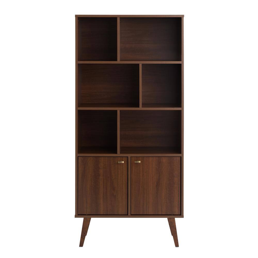 Prepac Milo Mid-Century Modern Bookcase with Inlet Shelves Two Doors and Brushed Brass-Finished Knobs Cherry CSBL-1418-1