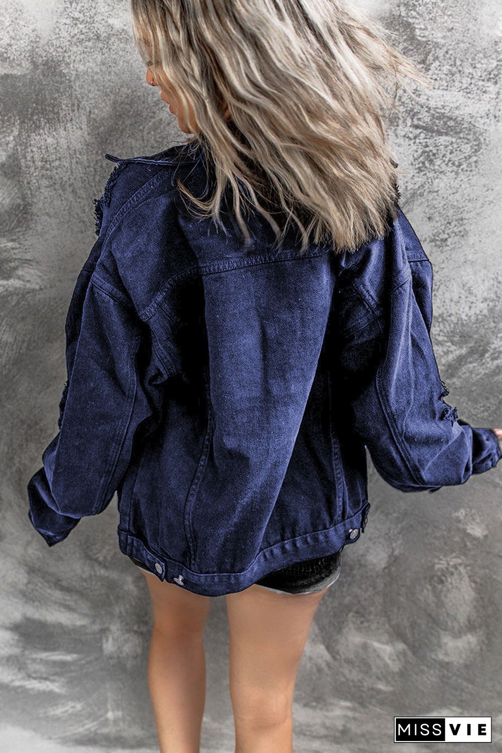 Blue Distressed Buttons Chest Pockets Denim Jacket