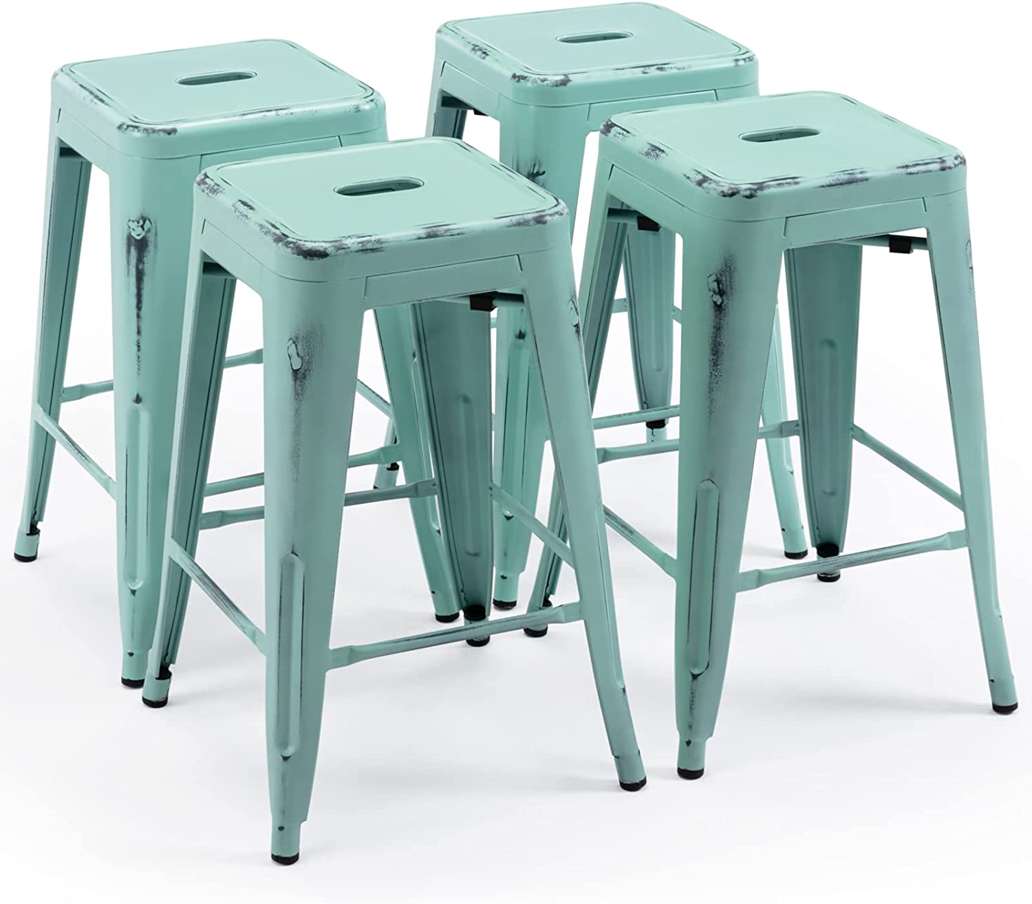 24 Inch Metal Bar stools, Backless Counter Height Barstools, Indoor Outdoor Stackable Stools with Square Seat