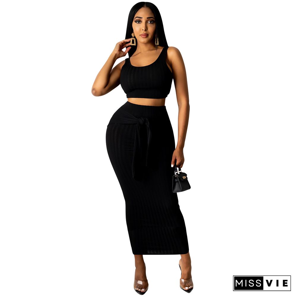 Women Summer Clothing Solid Sleeveless Vest Crop Top Bodycon Long Skirts Sexy Club Party Two Piece Set