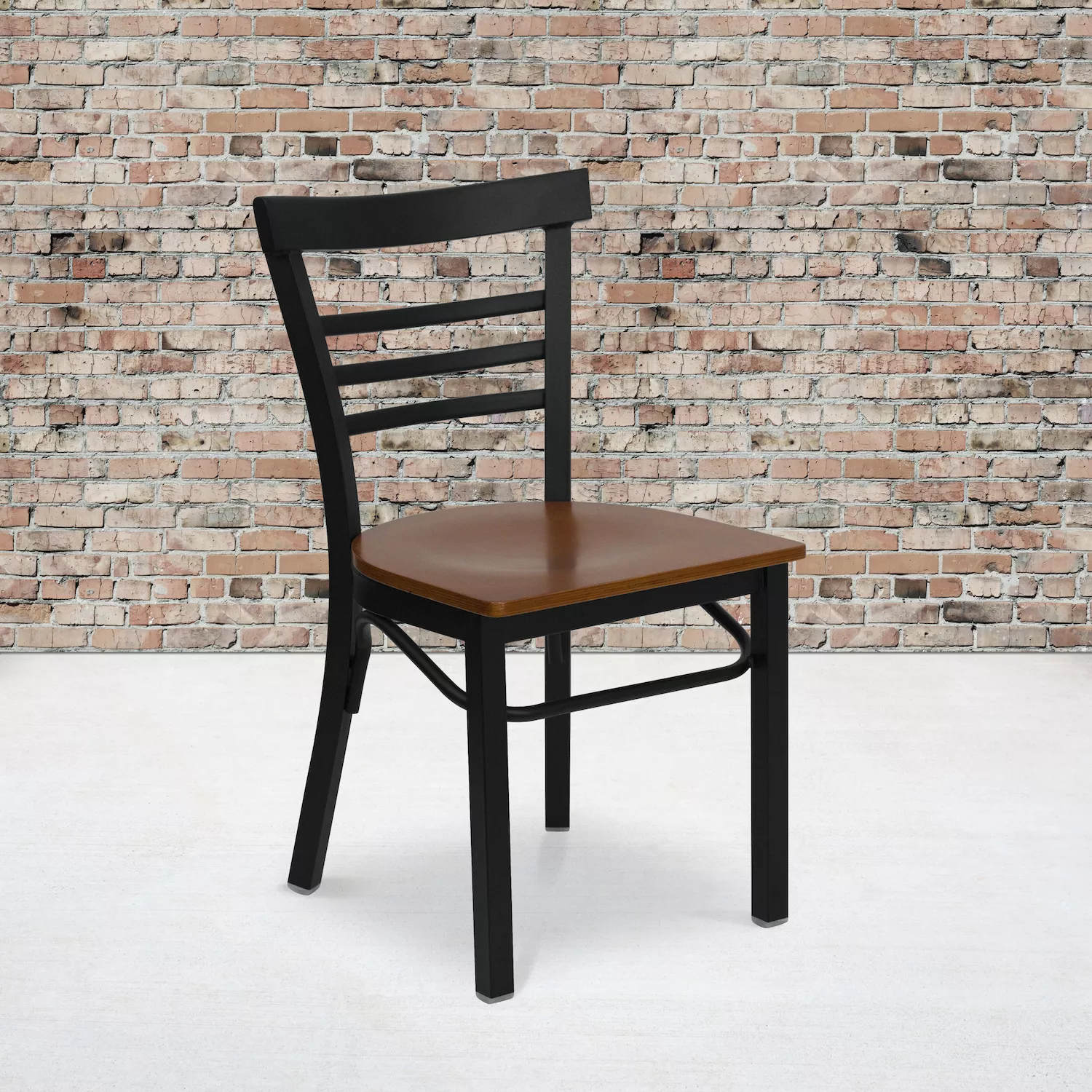 Emma and Oliver Black Three-Slat Ladder Back Metal Dining Chair - Cherry Wood Seat